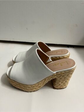 Lulu's White Leather Peep-Toe Platform Mules with Woven Espadrille Heel